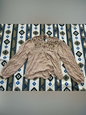 Boho Embroidered Taupe Peasant Blouse with Yoke Detail